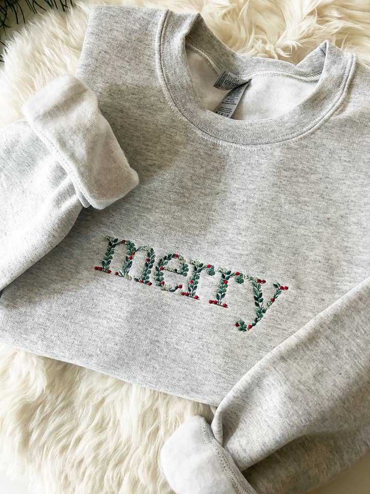 Plantiful Design Co - Wholesale Sweatshirt - Women's - Embroidered Floral Merry Christmas Sweatshirt1