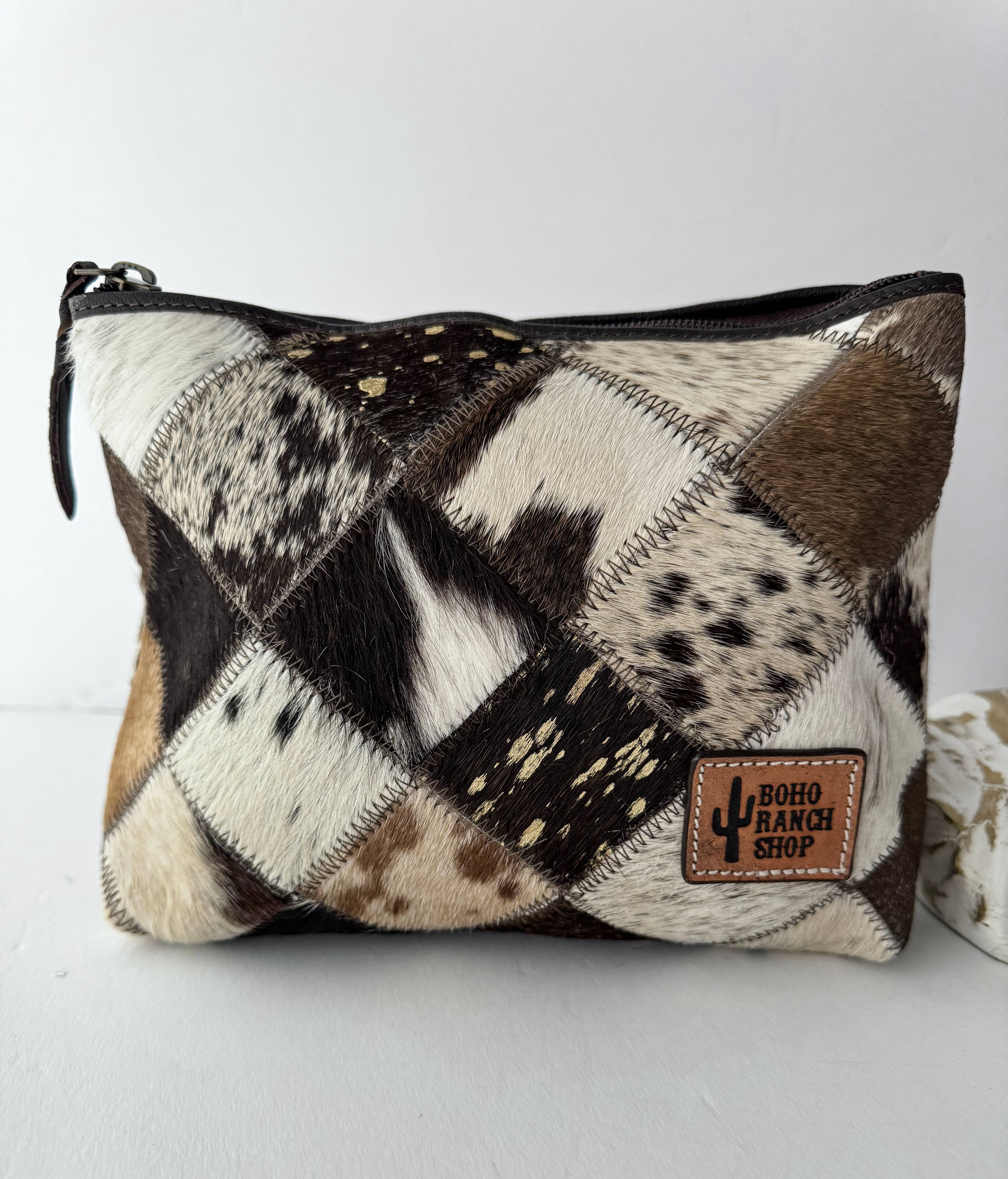 Boho Ranch Shop - Venta al por mayor Bolsa para maquillaje - Neceser de viaje de piel de vaca a cuadros estilo occidental12