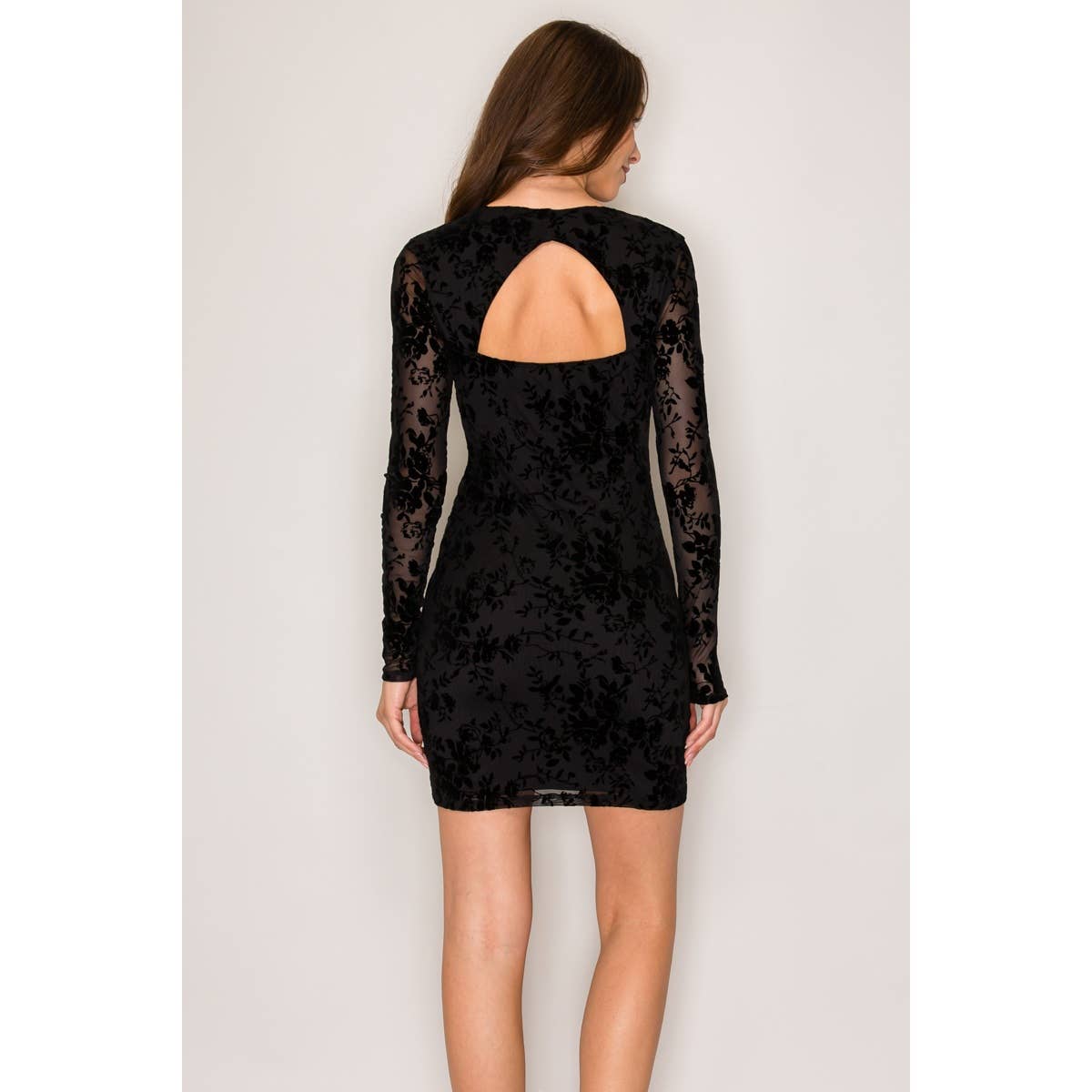 Popular 21 - Wholesale Dress - Women's - Long Sleeve Flocked Mesh Mini Dress with Cutout Back13