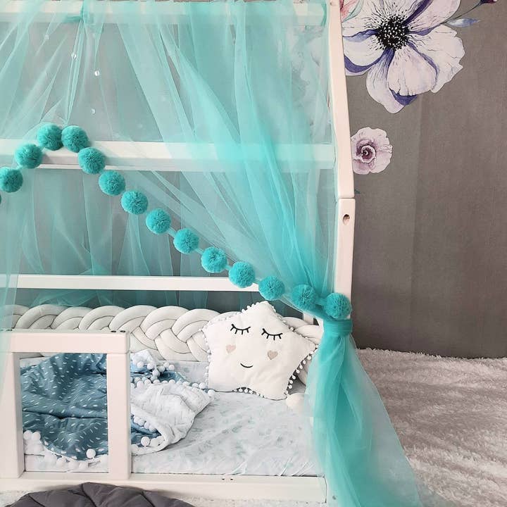 Allbright Kids - Wholesale Bed Canopy - Kids & Baby - Aqua Montessori Tulle Canopy with Pom Poms for Nursery – Crib Canopy