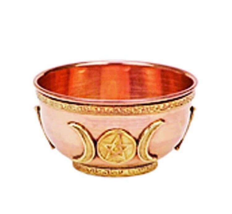 Desarwen - Vendita all'ingrosso Attrezzatura per meditazione - Calderone in rame per rituali magici con triquetra, fiore della vita e luna tripla3