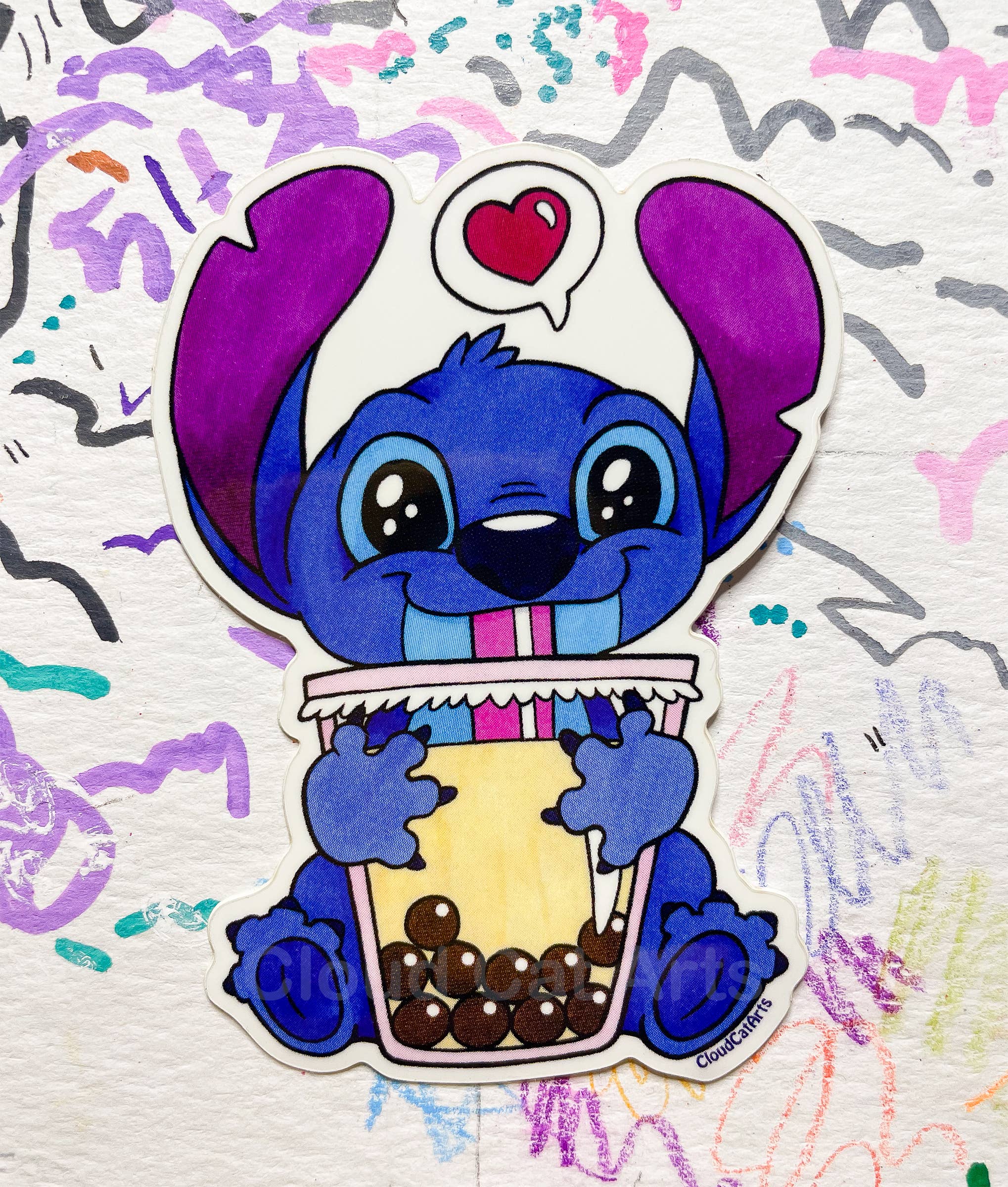 Cloud Cat Arts - Wholesale Sticker - Stitch Blue Alien with Boba Sticker - Kawaii Bubble Tea1