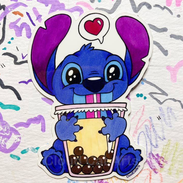 Cloud Cat Arts - Wholesale Sticker - Stitch Blue Alien with Boba Sticker - Kawaii Bubble Tea1