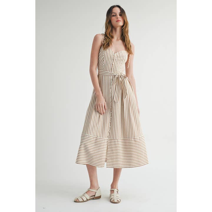 MOCHA WHITE STRIPED SUNDRESS WITH BUTTON-DOWN AND WAIST TIE for wholesale on Faire