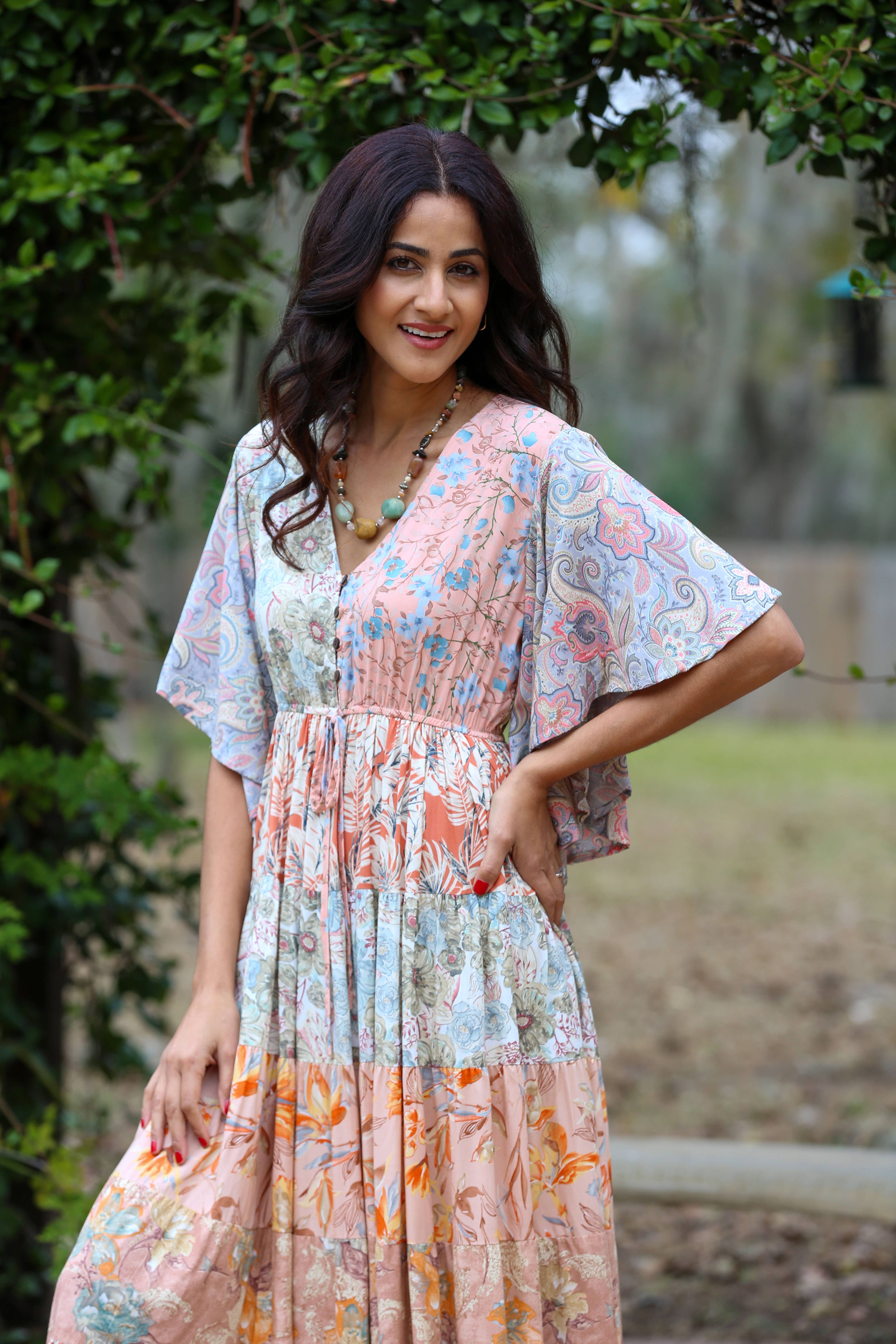 Sacred Threads - Wholesale Dress - Women's - Flutter Sleeve Boho Dress: Daydreamer Blossom Patchwork12