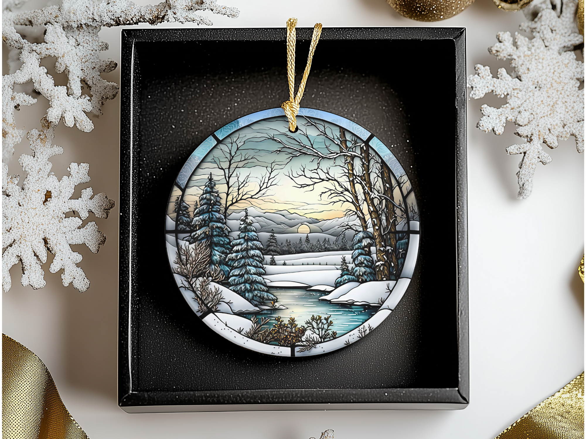 Fernville Creations - Vente Objets de décoration - Ornement en céramique scène d'hiver avec image en vitrail13