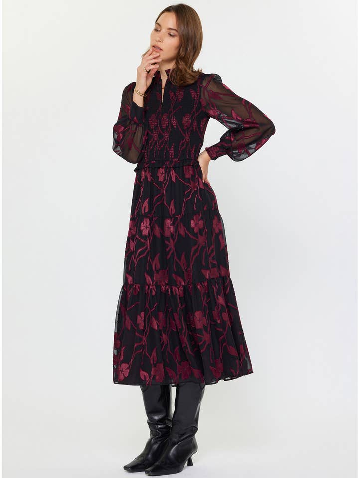 Black Wine Floral Jacquard Tiered Long Dress for wholesale on Faire2
