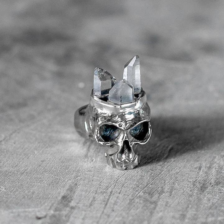Crystal or Tourmaline Head Skull Ring in Solid Silver with Topaz Eyes for wholesale by JUNGLE TRIBE
