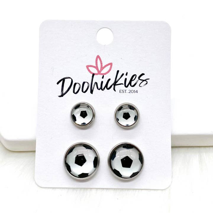 Soccer Ball Mommy & Me in Stainless Steel Settings -Sports Earrings for wholesale by Doohickies