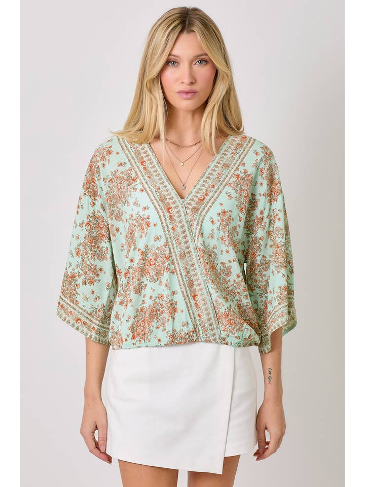 Mystree - Wholesale Blouse - Women's - 60534 Border Print Front Wrap Kimono Top