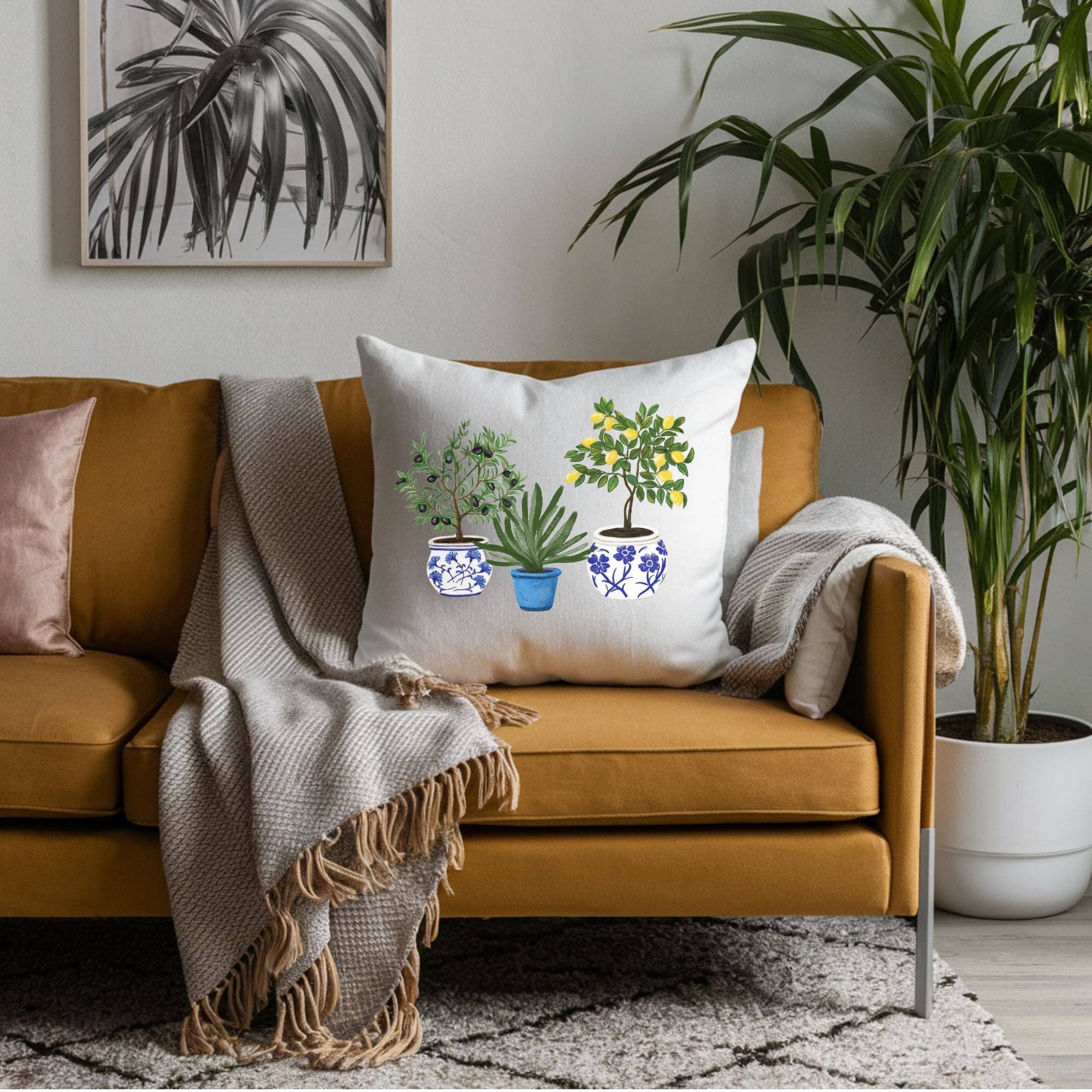 MerikaArt - Wholesale Throw/Decorative Pillow - Lemon Olive Aloe Pillow with Blue Pot Planters3