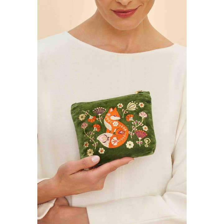 Powder Design inc - US - Wholesale Pouch - Women's - Velvet Embroidered Mini Pouch - Scandinavian Fox
