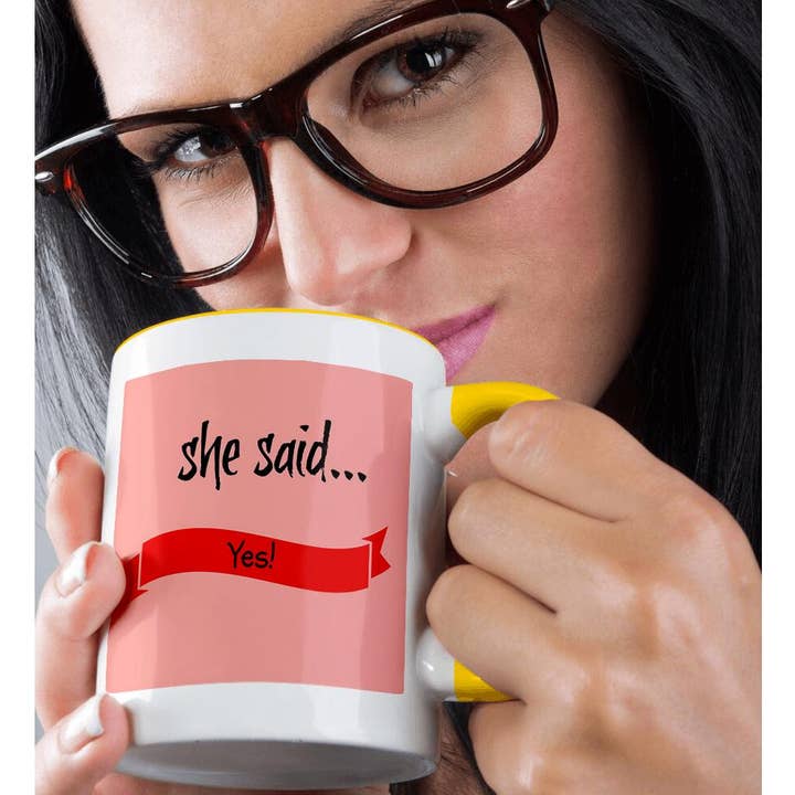 3dRose - Wholesale Coffee Mug - 3dRose, she said yes, black lettering on red ribbon, pink background, Mug1