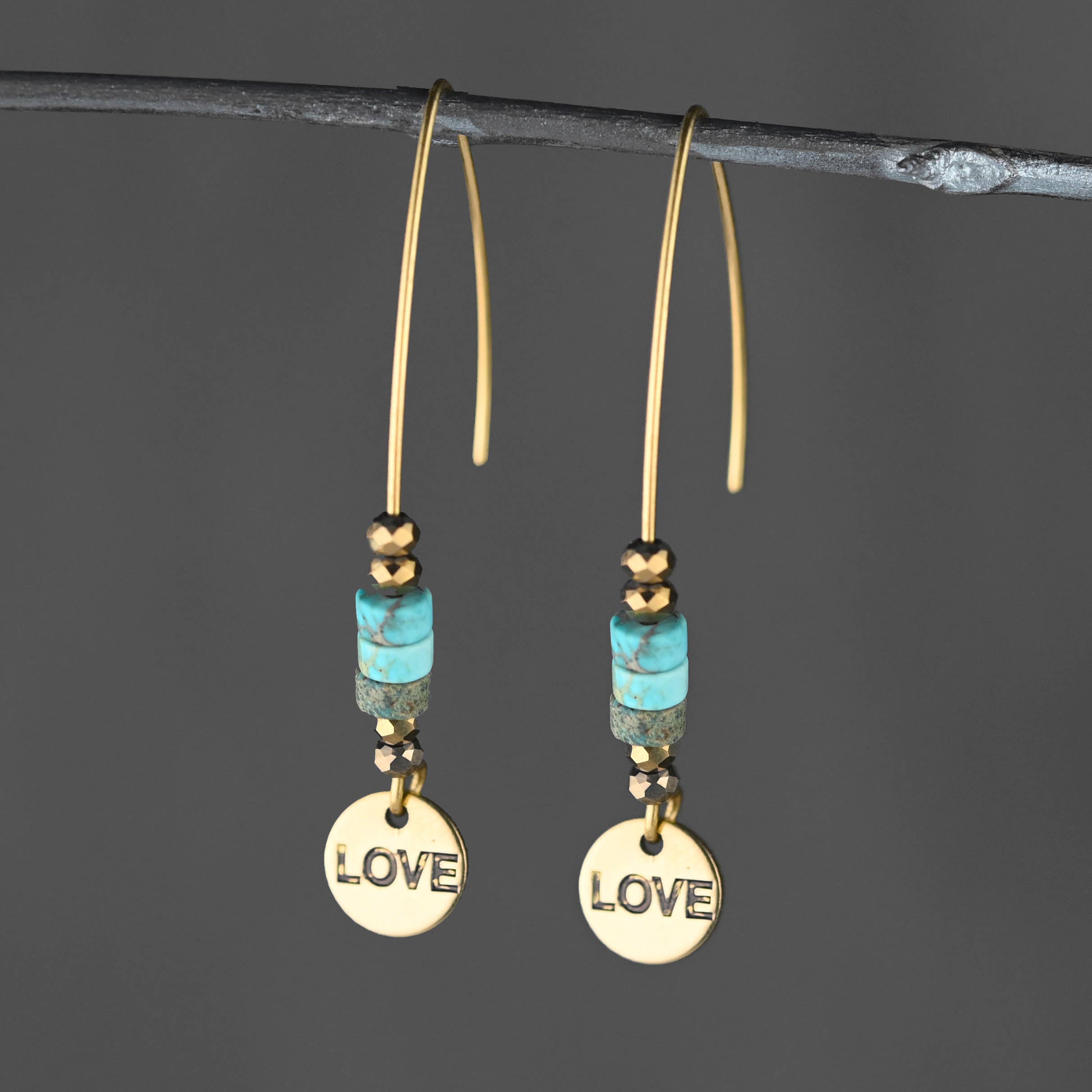 KBD Studio - Wholesale Dangle Earrings - Brass Stamped Love w/ Long Wire & Semi Precious (Jasper)0