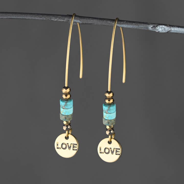 KBD Studio - Wholesale Dangle Earrings - Brass Stamped Love w/ Long Wire & Semi Precious (Jasper)0
