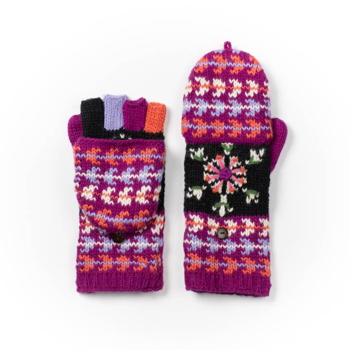 Lost Horizons Knitwear – Ships from USA - Wholesale Mittens - Women's - Fussen Fingerless Gloves with Flip-Top and Embroidery1