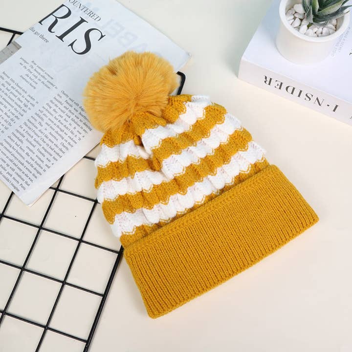 Funkyrel® Atzbranding Limited - Wholesale Beanie – Women's - Haila - Women's Striped Fleece Lined Beanie with Pom2