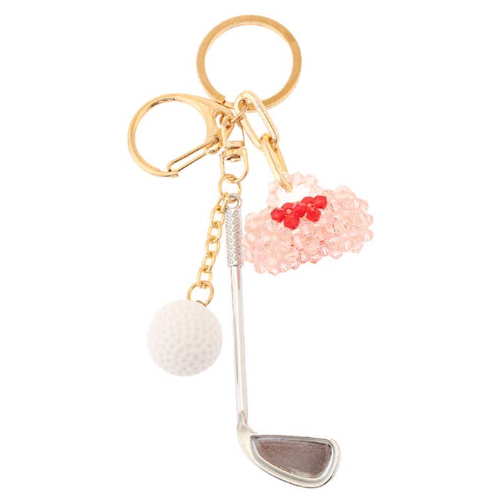 Portachiavi con borsa dorata con perline e 3 palline da golf, LVKL 108 per la vendita all'ingrosso da parte di JOIA ACCESSORIES