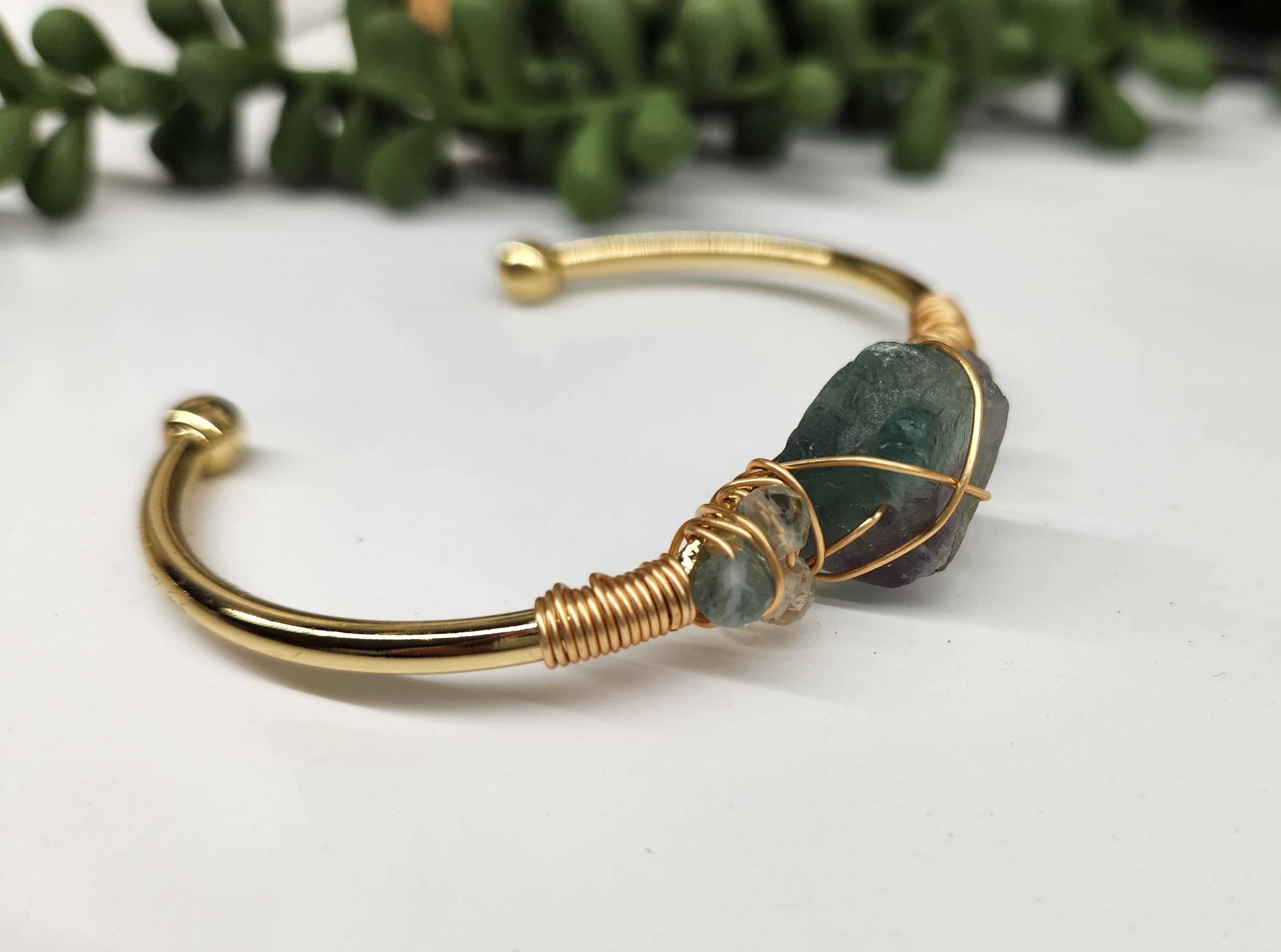 Meraki Gemstones - Wholesale Cuff Bracelet - Rainbow Fluorite/R. Fluor.Rough Gemstone Wire Wrapped Bangle2