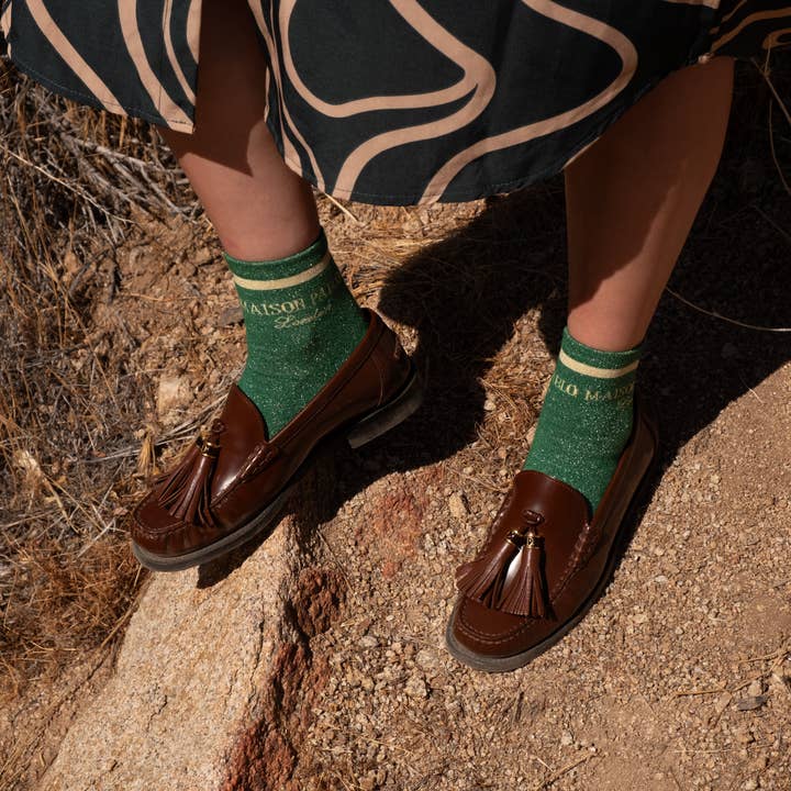 Chaussettes pailletées - vert et jaune pour la vente par Maison Pablo