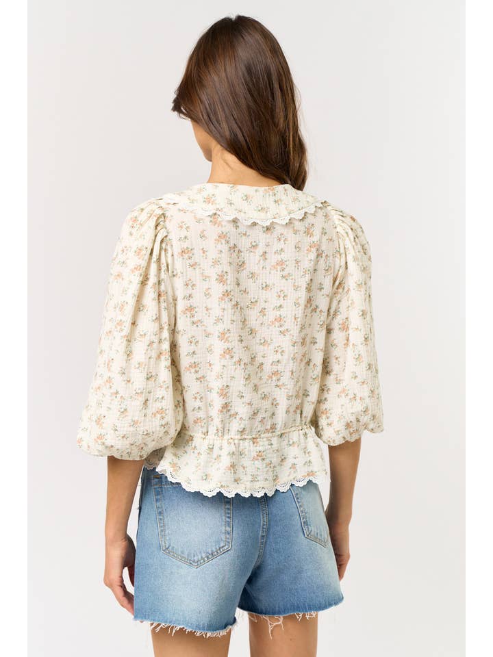 CREAM ILT2370-2 3/4 Puff Sleeve Lace Trim Floral Blouse for wholesale on Faire