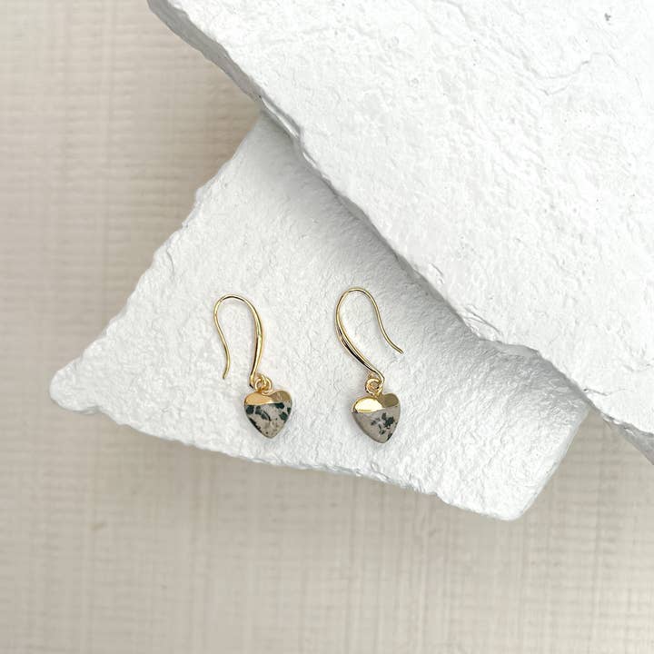 Roc Jewellery - Wholesale Dangle Earrings - Dalmation Jasper Small Heart Gold Plated Gemstone Earrings