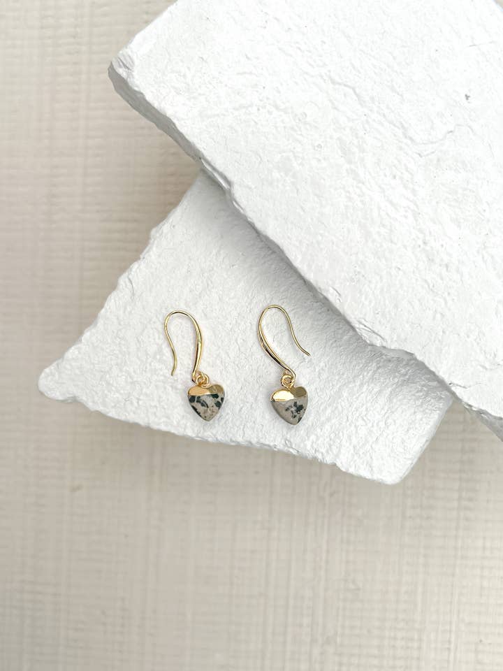 Dalmation Jasper Small Heart Gold Plated Earrings for wholesale by Roc Jewellery