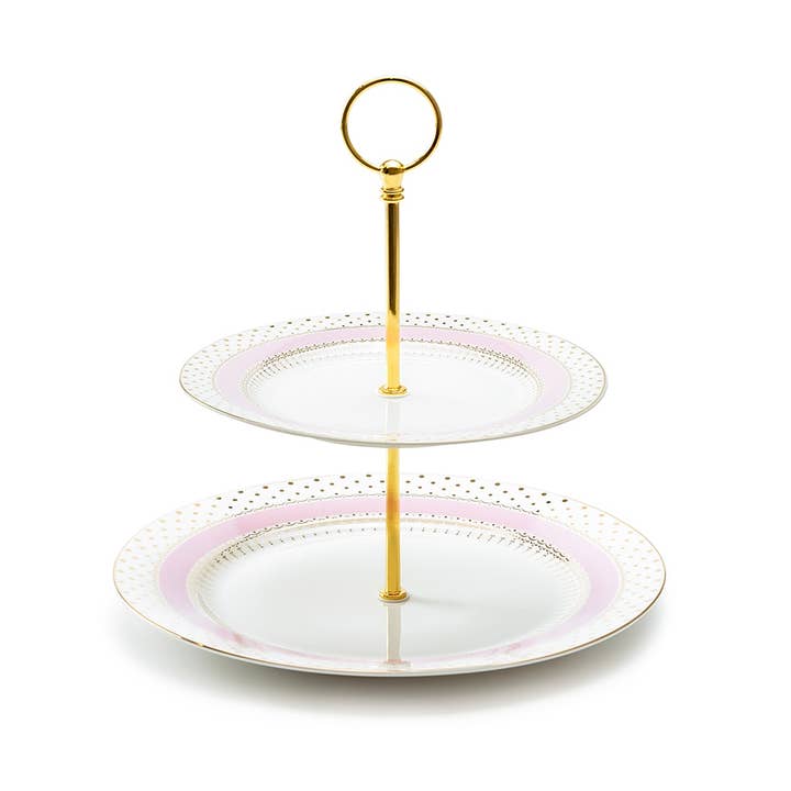 Grace Teaware - Wholesale Cake Stand - Pink Stripe with Gold Dots Fine Porcelain 2-Tier Server1