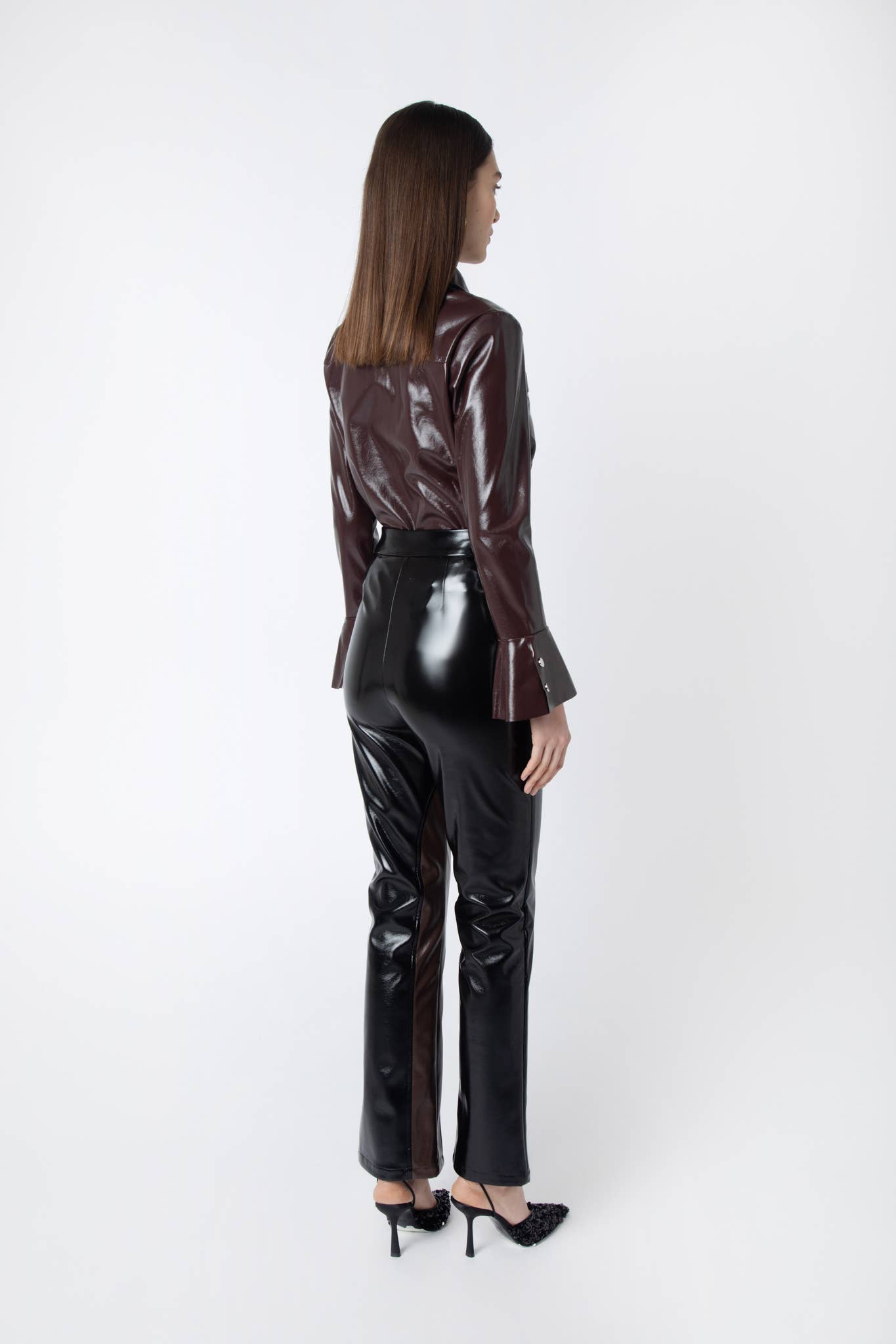 Brown Black Noor High Shine Faux Leather Pants for wholesale on Faire7