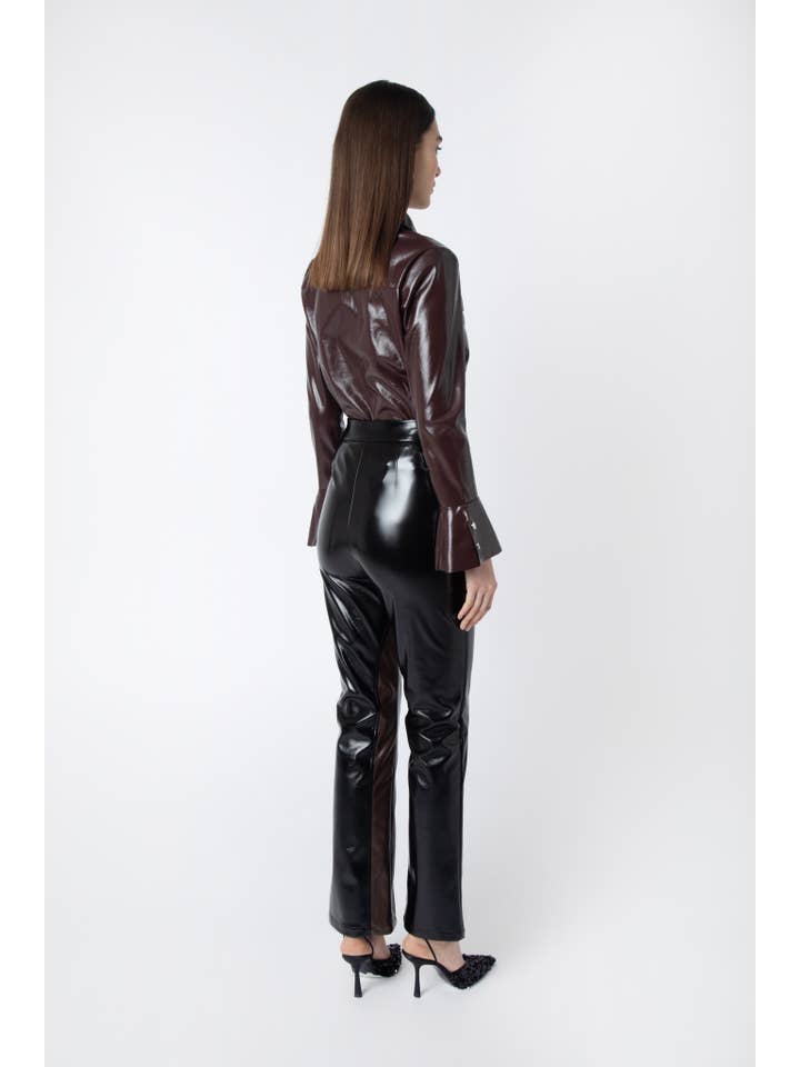Brown Black Noor High Shine Faux Leather Pants for wholesale on Faire7