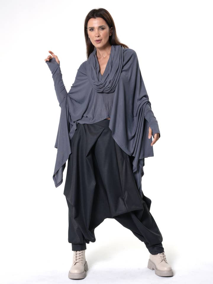 Extravagant Tunic With Scarf Collar In Gray for wholesale by Metamorphoza