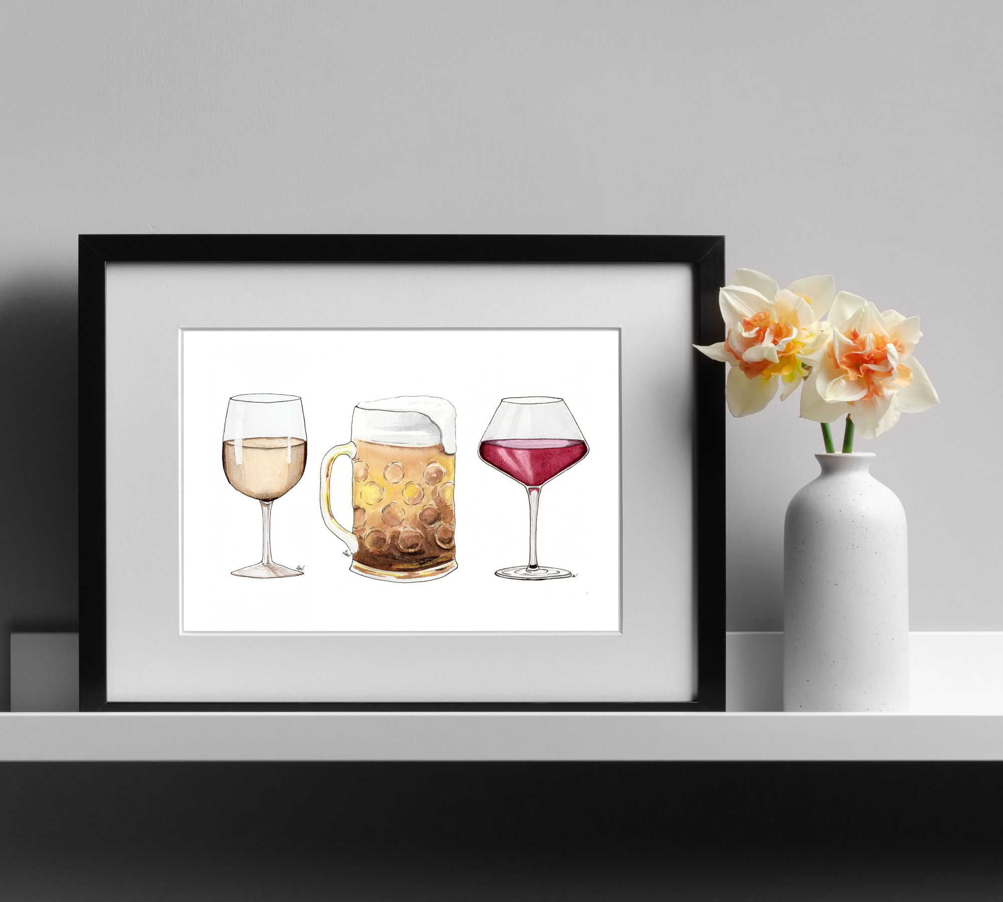 Alyssa Whetstone Art - Wholesale Art Print - Wine and Beer - Pen and Watercolor Archival Art Print1
