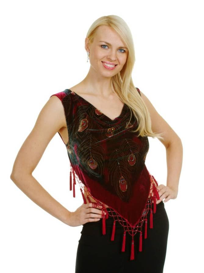 Western Fashion – wholesale Blus - Dam – 1797 - Påfågelfjäder - Burnout sammetstopp - Halvrygg - Co