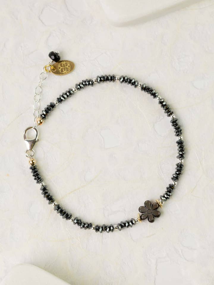 Nightfall 7.5-8.5" Black Hematite Rondelle, Abalone Flower Simple Bracelet for wholesale by Anne Vaughan Designs Jewelry