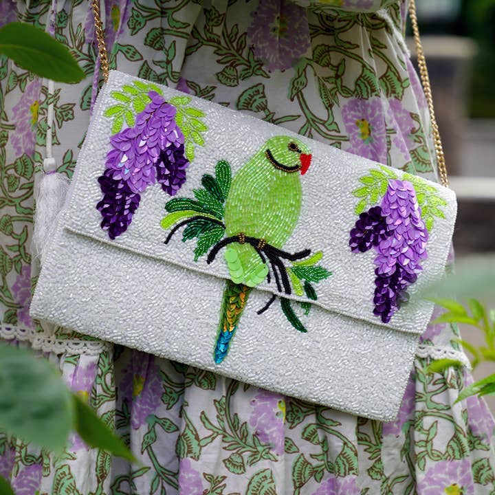 Parakeet & Wisteria London Beaded Clutch Bag for wholesale by Rajani Baker