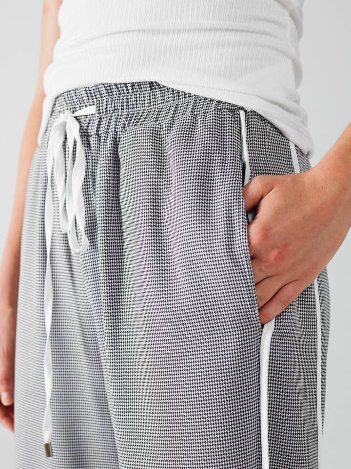 Grey Palazzo Black and White Gingham Pants With Drawstring for wholesale on Faire