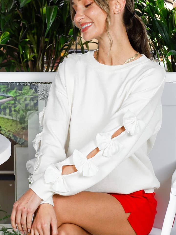 Jersey de punto de manga larga con cuello redondo adornado con lazo VT82605- para venta al por mayor de Vine & Love