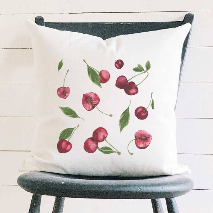 Motif de cerises - Coussin carré en toile pour la vente par Indigo Tangerine