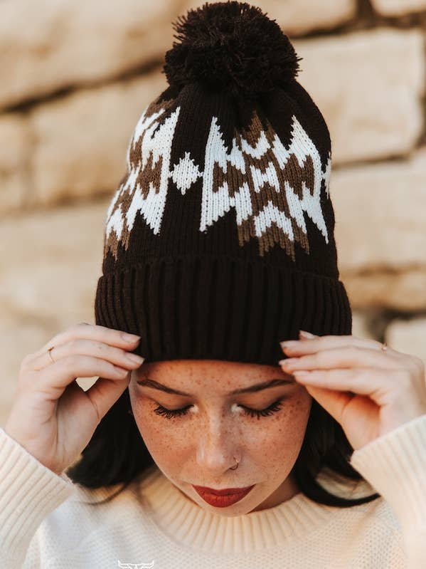 Brown Cream Aztec Fleece Lined Knit Pom Beanie for wholesale by LUCKY & BLESSED