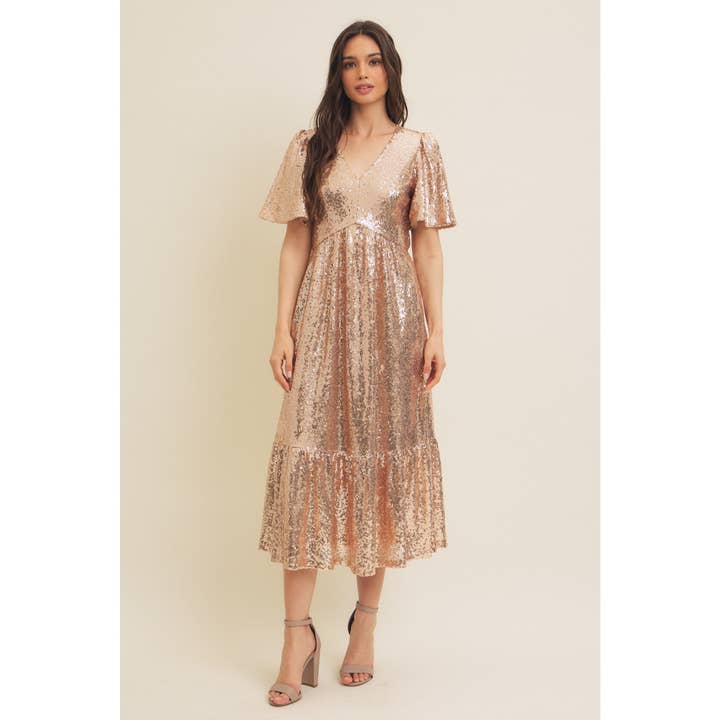 CHAMPAGNE SPARKLING LONG SLEEVED SEQUIN MIDI DRESS for wholesale on Faire