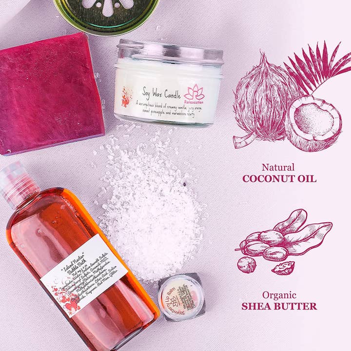 Relaxcation - Vente Set de bain et corps - Coffret cadeau spa bain premium à pois pour femmes, panier artisanal naturel et biologique avec bougie, bombe de bain, savon, sel de bain, barre de bulles, baume à lèvres2