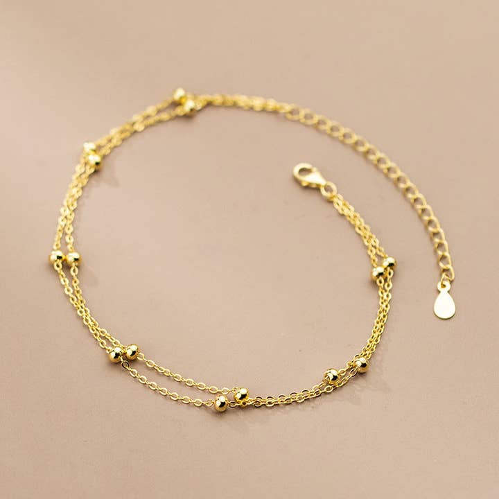 Bracelet de cheville Dainty Bead à double chaîne en argent sterling 925 pour la vente par Perimade & Co. LLC