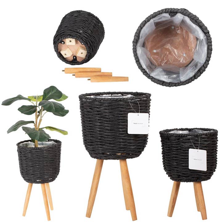 Truu Design - Wholesale Plant Pot - Truu Design Seagrass Wicker Planters with Lining Wood Legs