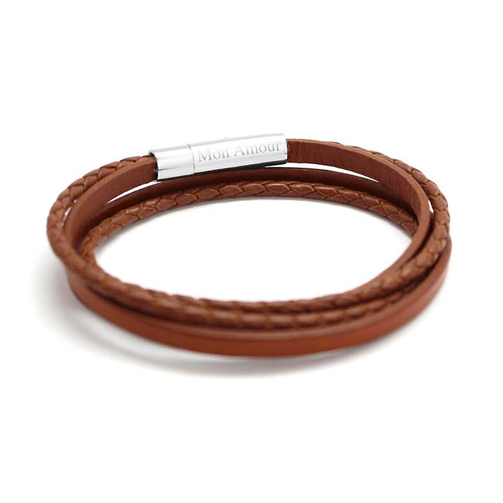 Leather Bracelet The Mix Cognac Men Engraving My Love for wholesale by Petits Trésors