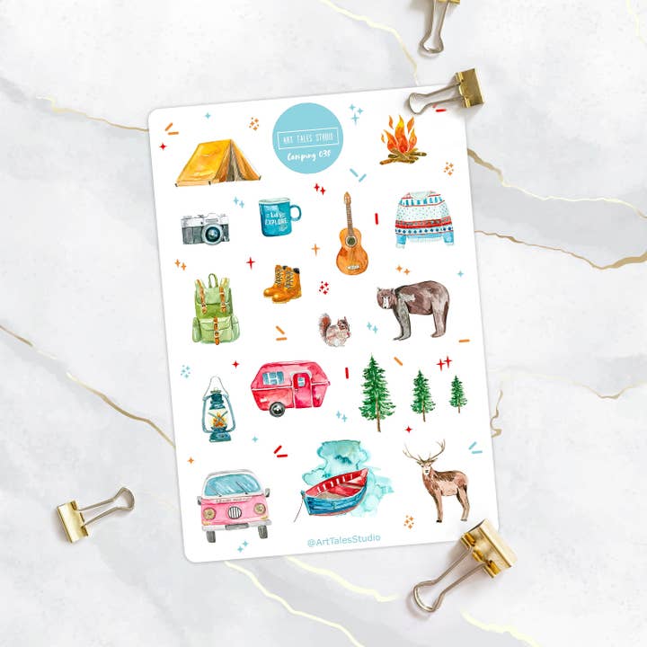 Hoja de pegatinas de camping, pegatinas de camping, pegatinas de planificador, pegatinas de Bullet Journal, pegatinas de verano, pegatinas de vacaciones, pegatinas de aventura para venta al por mayor de Art Tales Studio