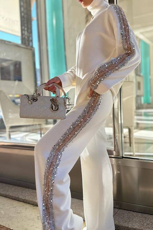 white Sequin detail knit sleeve patchwork Turtleneck 2 piece set for wholesale on Faire4