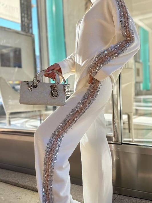 white Sequin detail knit sleeve patchwork Turtleneck 2 piece set for wholesale on Faire4