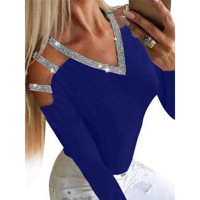 Mirazshoes WholeSale - Wholesale Blouse - Women's - Women's Sequin Embellished V-Neck Long-Sleeved Top Off-Shoulder T-Shirt2