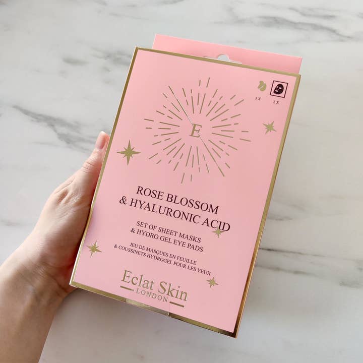 OFERTA Conjunto de presentes de máscara de lençol e almofada de olho de hidro-gel em flor de rosa e ácido hialurônico por atacado de EclatSkin London
