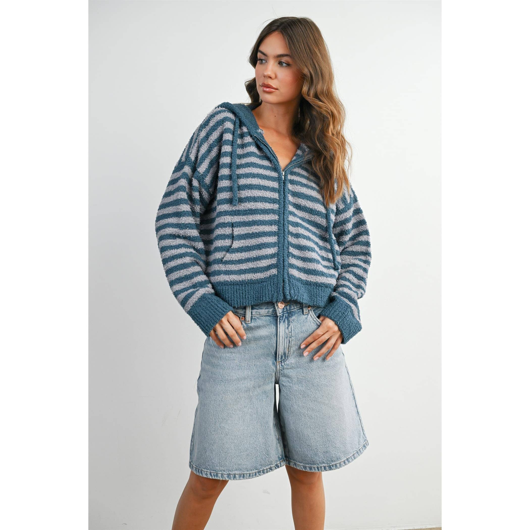 BUTTERMELON - Wholesale Knit Sweater - Women's - Striped Zip-Up Hooded Cardigan - BMC809734